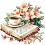 Open book with teacup and flowers
